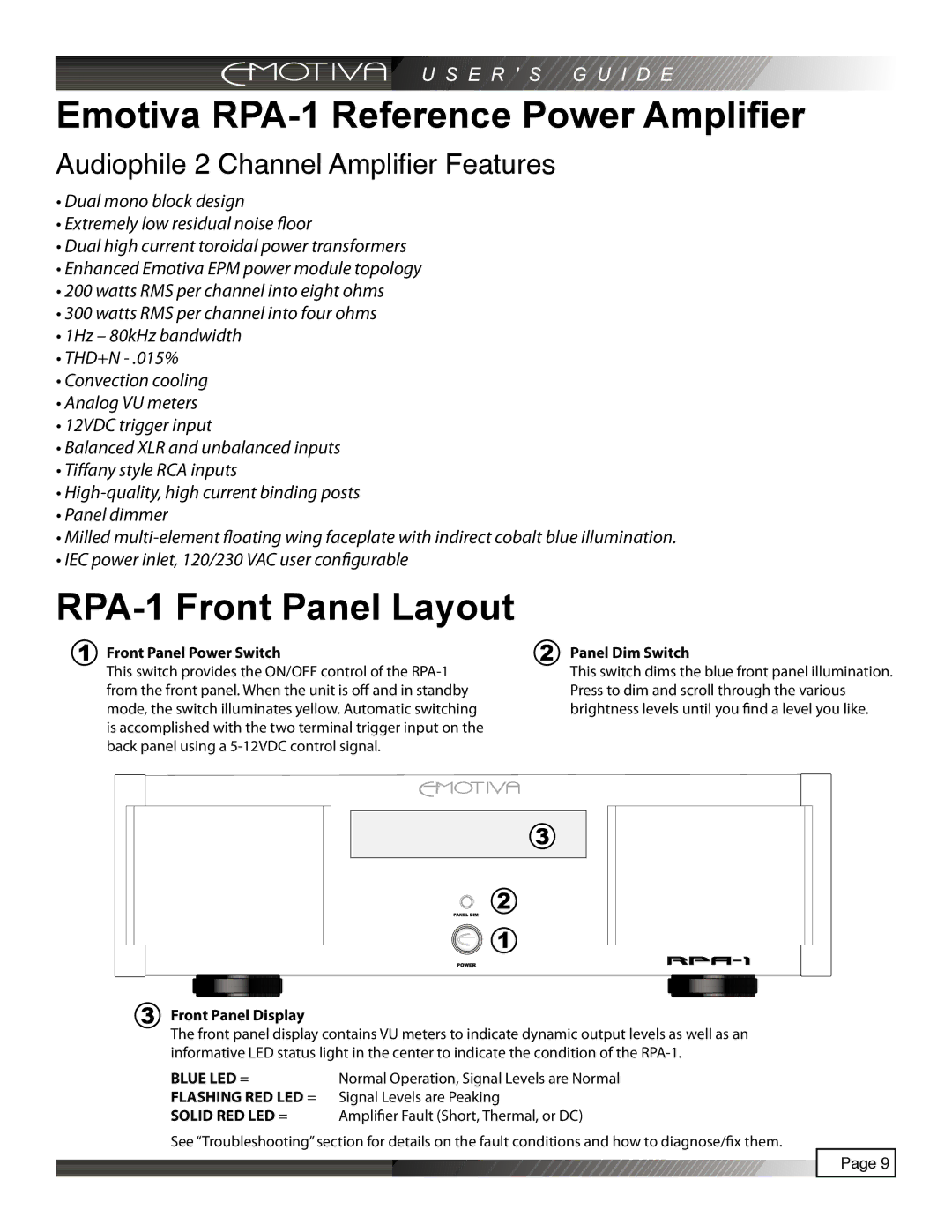 Emotiva manual Emotiva RPA-1 Reference Power Amplifier, RPA-1 Front Panel Layout 