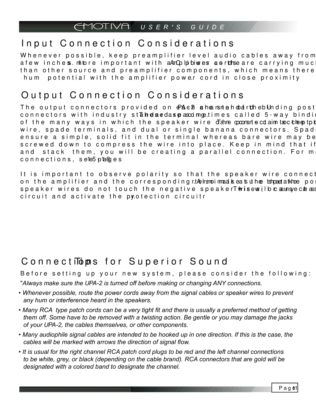 Emotiva UPA-2 manual Input Connection Considerations, Output Connection Considerations, Connection Tips for Superior Sound 