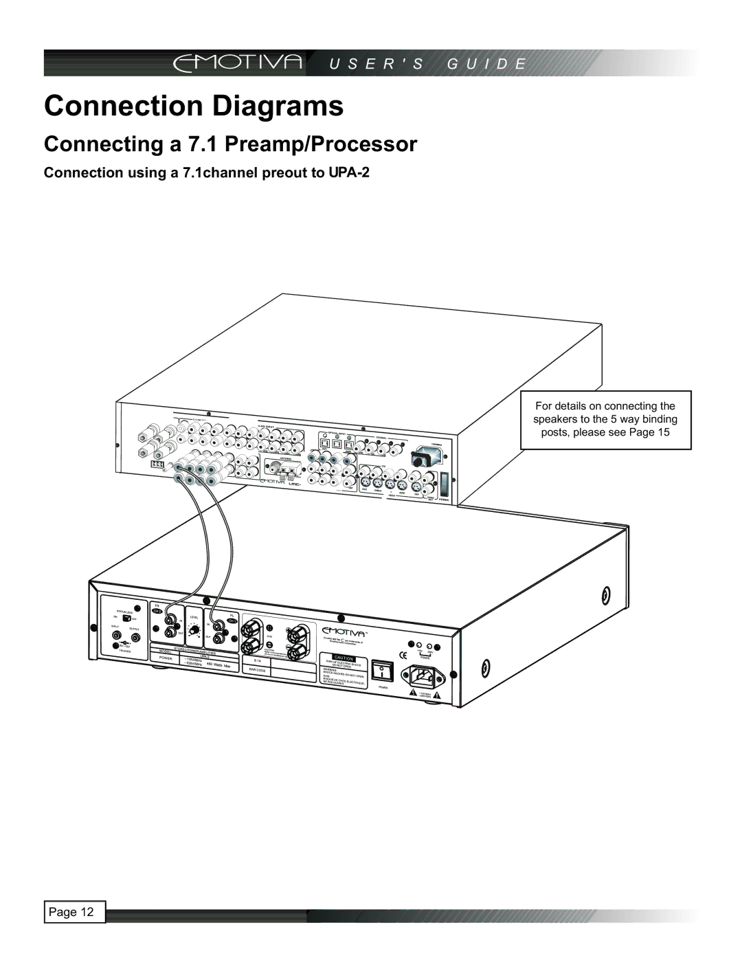 Emotiva manual Connection Diagrams, Connecting a 7.1 Preamp/Processor, Connection using a 7.1channel preout to UPA-2 