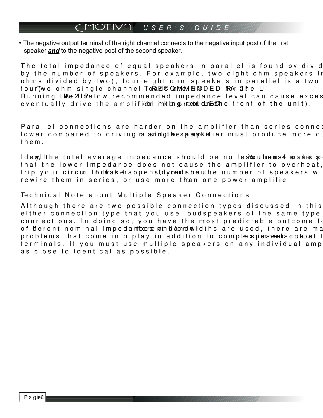 Emotiva UPA-2 manual Technical Note about Multiple Speaker Connections 