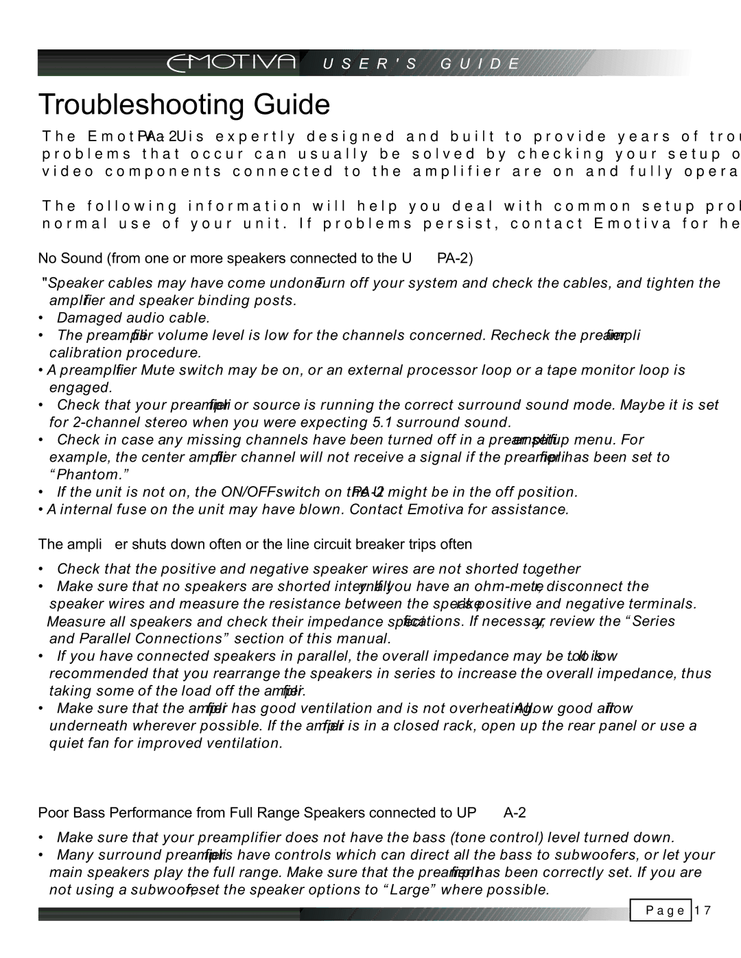 Emotiva manual Troubleshooting Guide, No Sound from one or more speakers connected to the UPA-2 