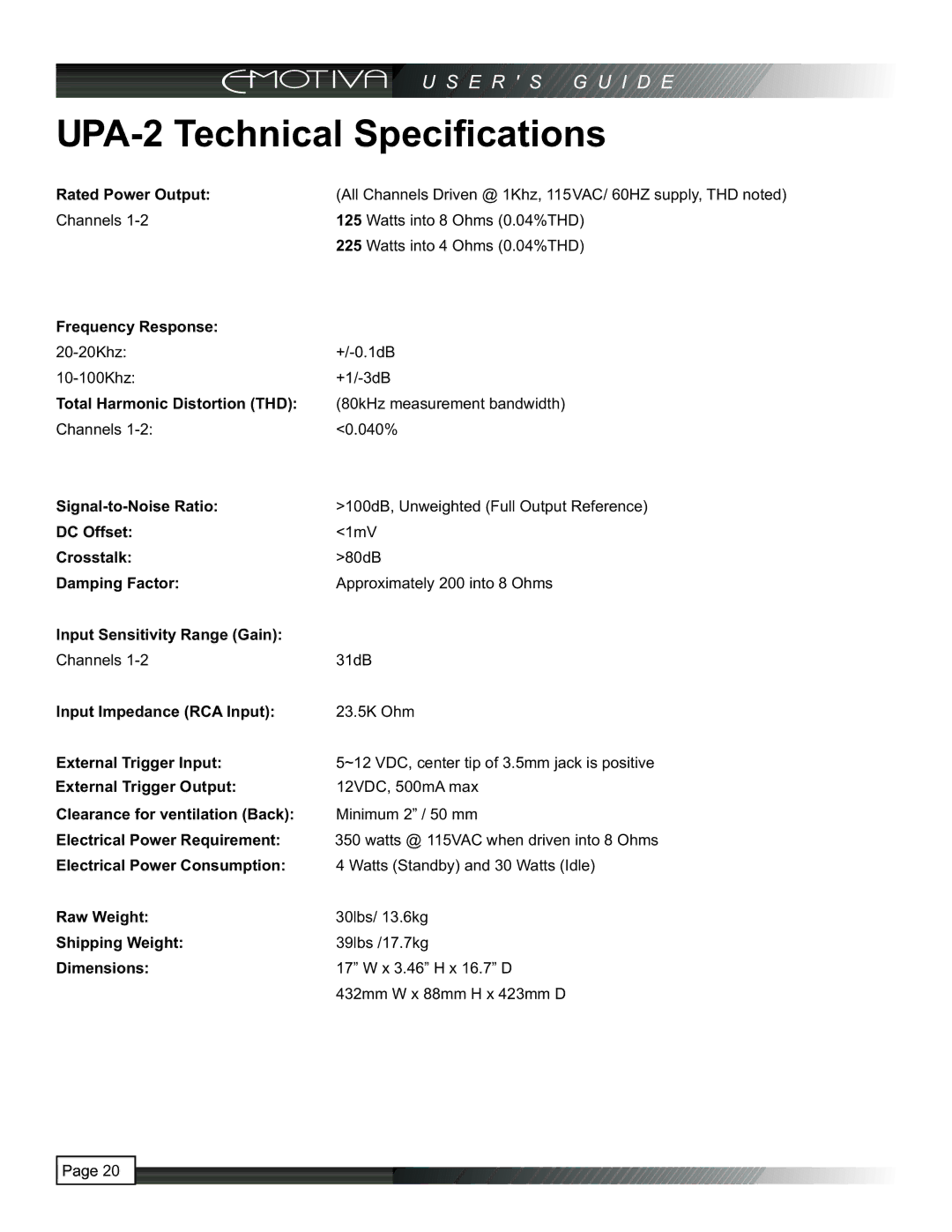 Emotiva manual UPA-2 Technical Speciﬁcations 