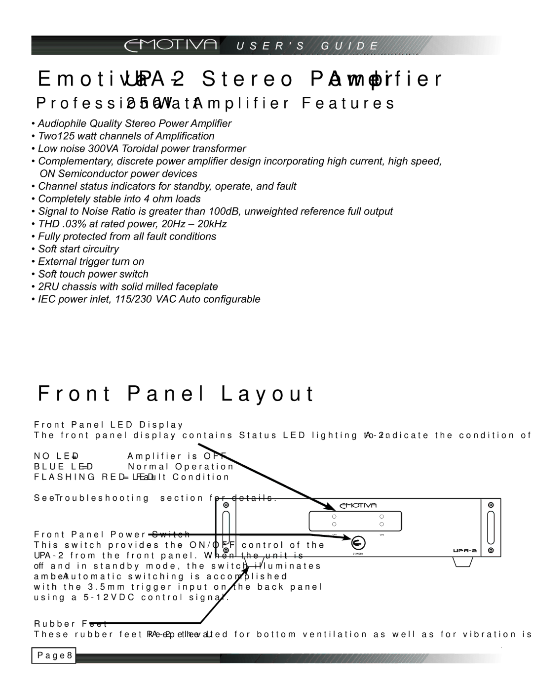 Emotiva manual Emotiva UPA-2 Stereo Power Amplifier, Front Panel Layout 
