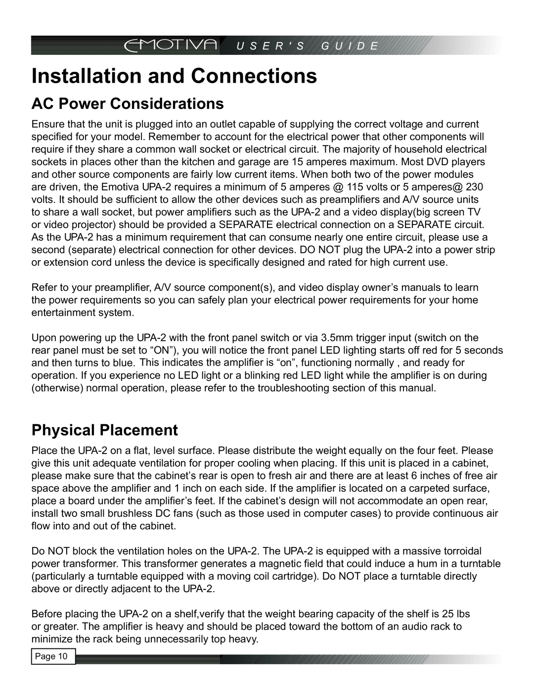 Emotiva UPA-2 manual Installation and Connections, AC Power Considerations, Physical Placement 