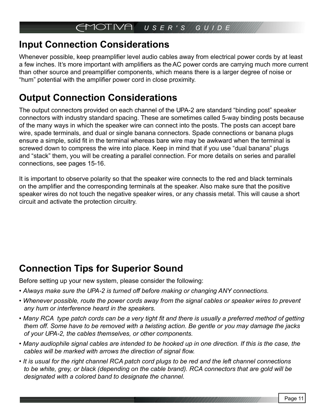 Emotiva UPA-2 manual Input Connection Considerations, Output Connection Considerations, Connection Tips for Superior Sound 
