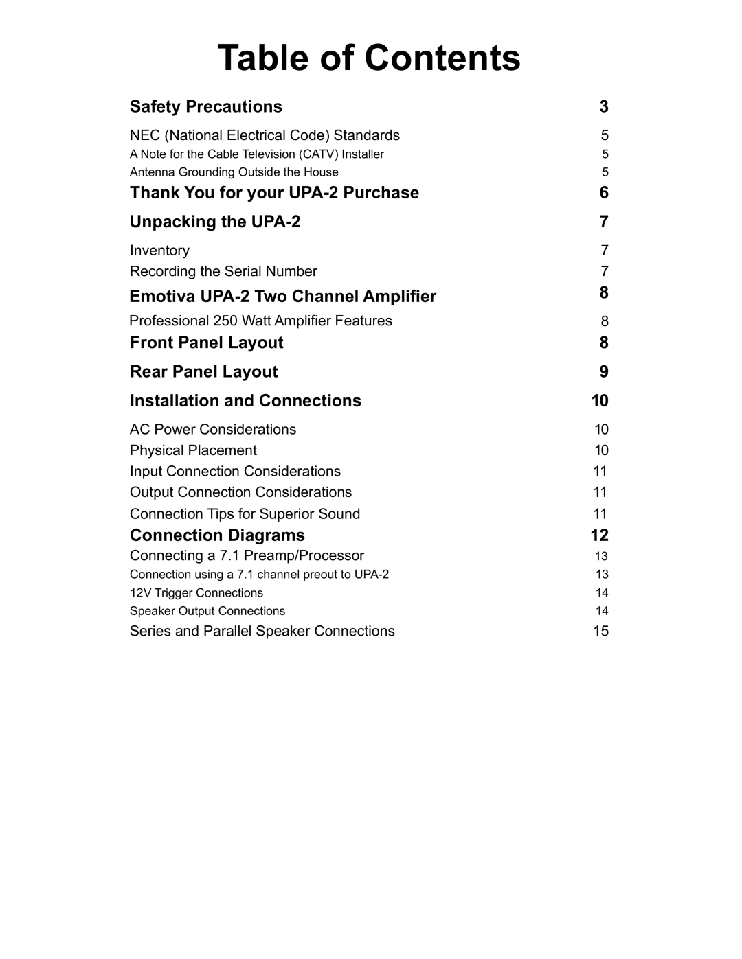 Emotiva UPA-2 manual Table of Contents 