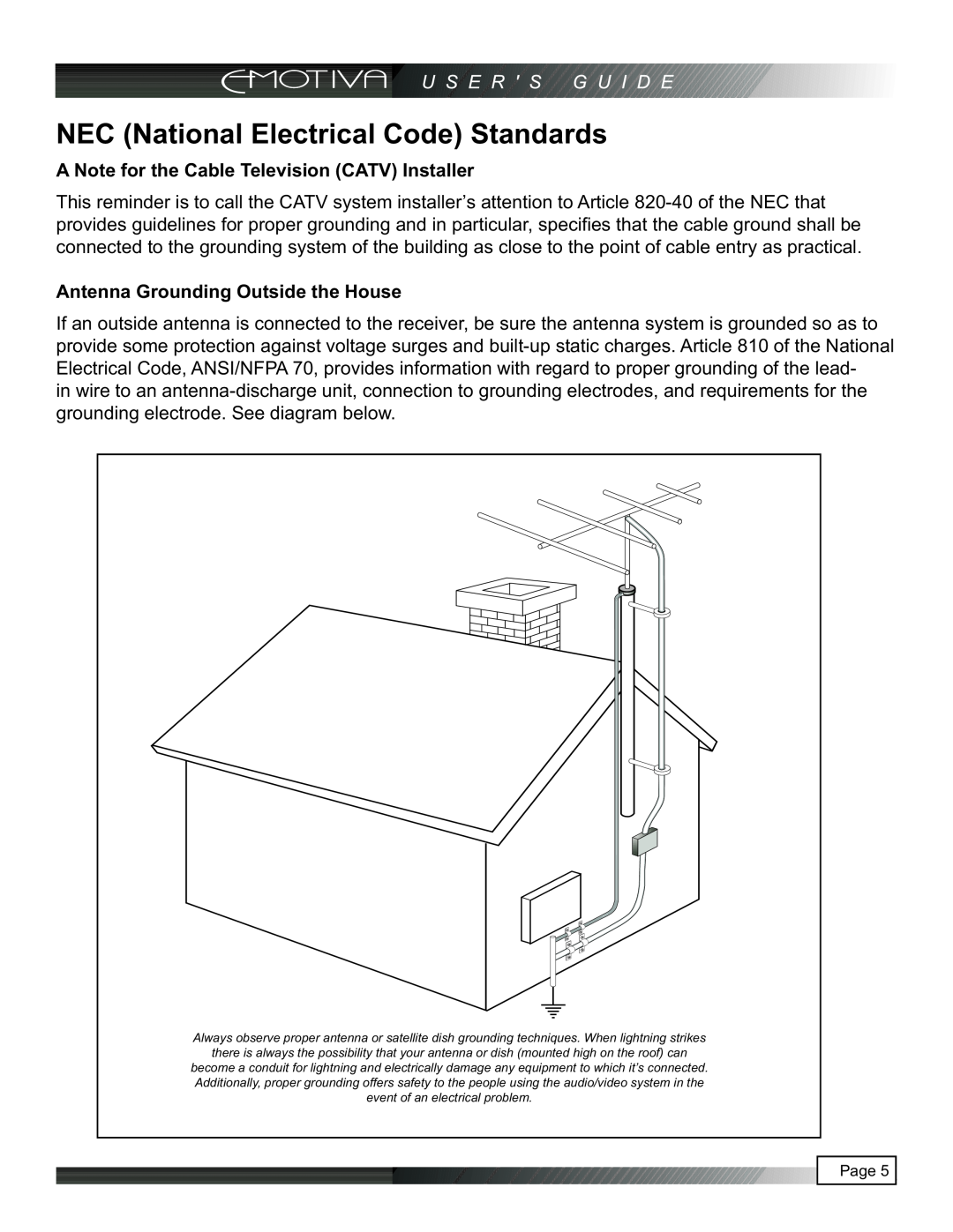 Emotiva UPA-2 manual NEC National Electrical Code Standards, A Note for the Cable Television CATV Installer 