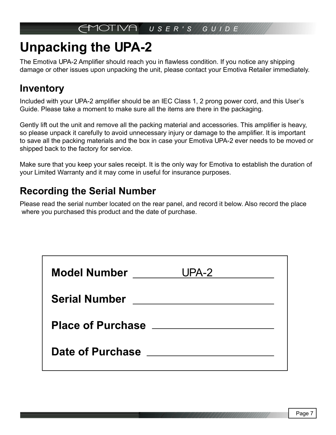 Emotiva manual Unpacking the UPA-2, Inventory, Recording the Serial Number, Model Number 