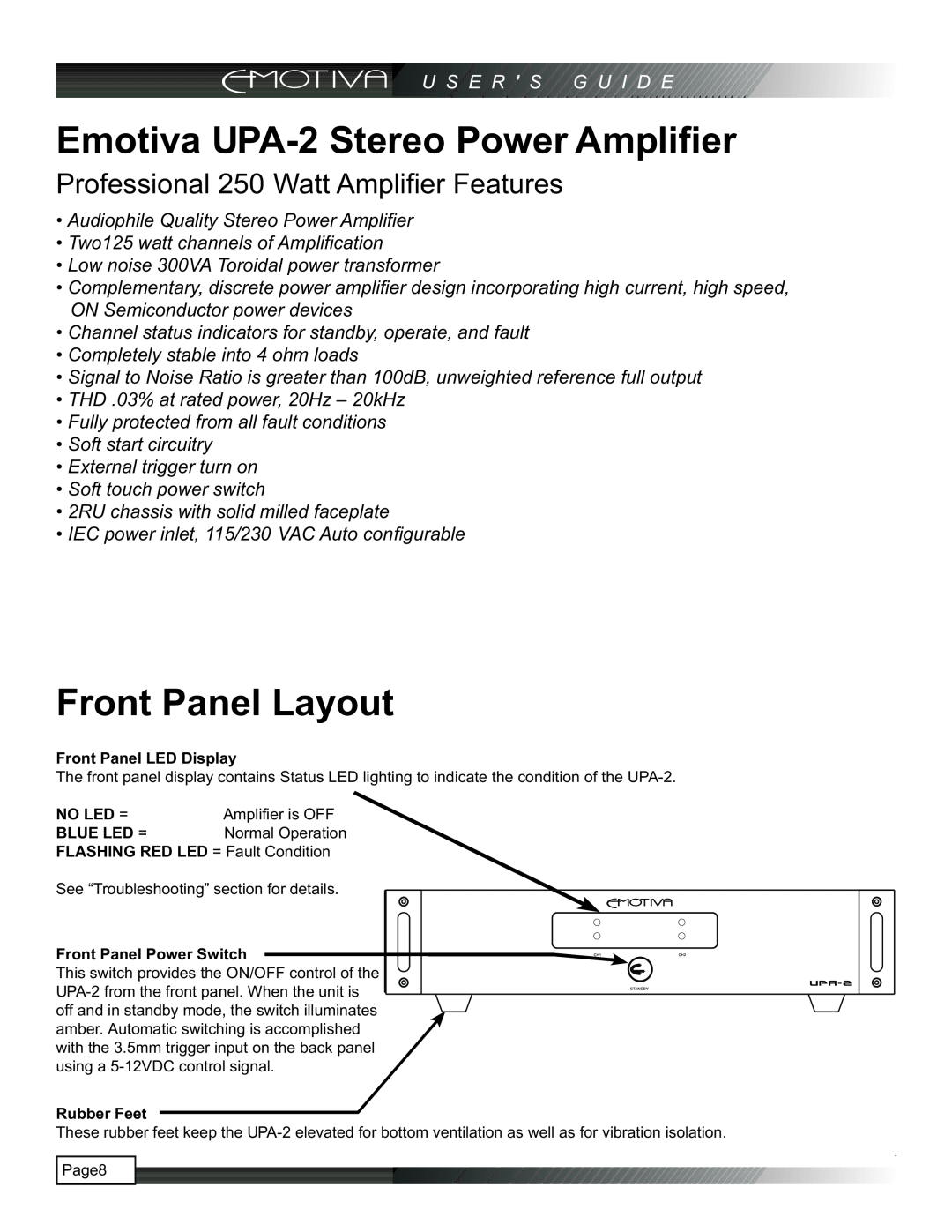 Emotiva manual Emotiva UPA-2Stereo Power Amplifier, Front Panel Layout, Professional 250 Watt Amplifier Features 