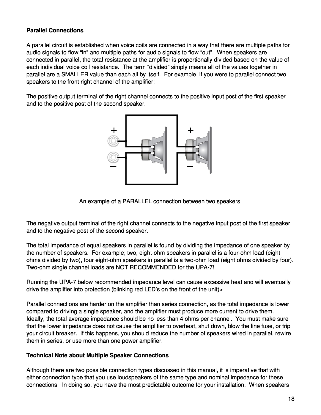 Emotiva UPA-7 manual Parallel Connections, Technical Note about Multiple Speaker Connections 