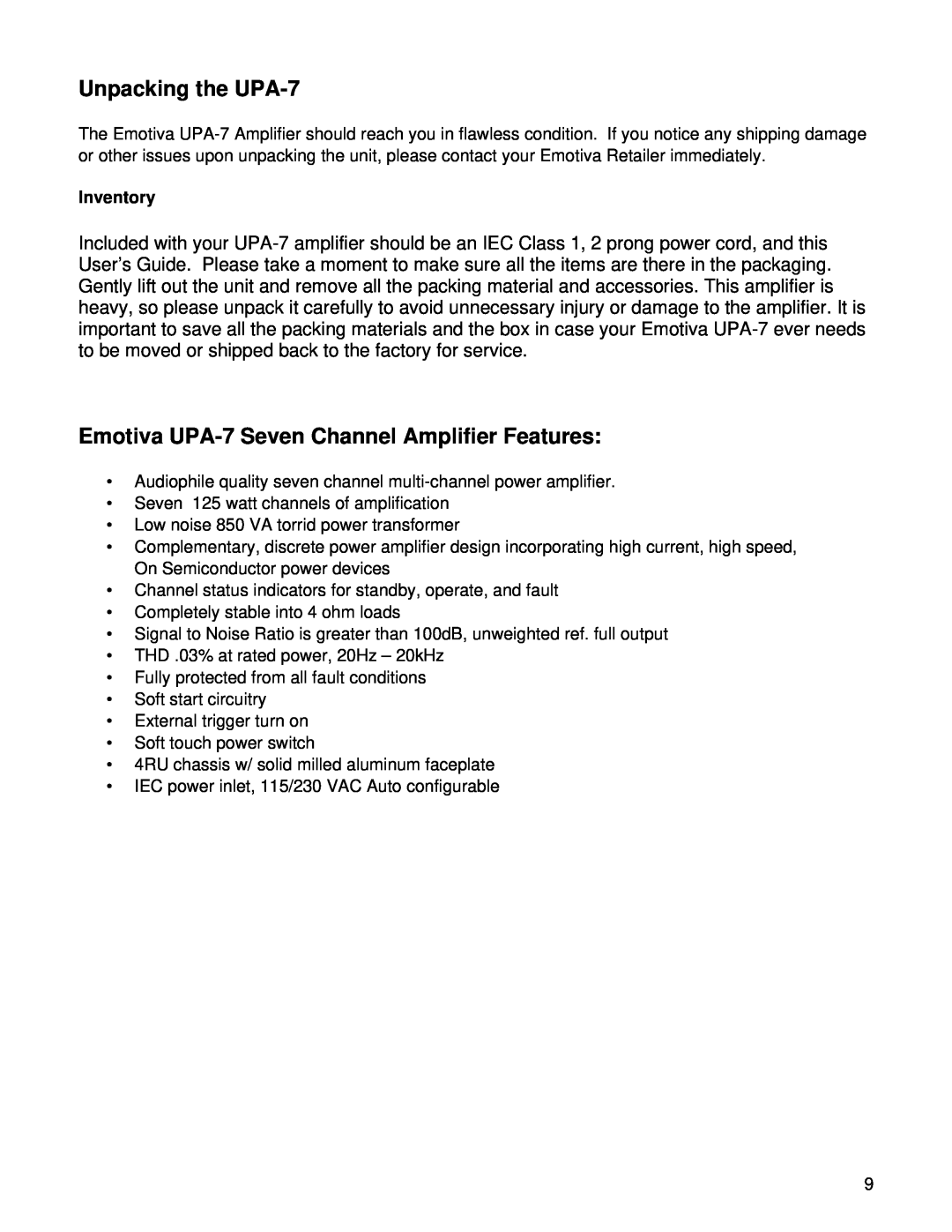 Emotiva manual Unpacking the UPA-7, Emotiva UPA-7Seven Channel Amplifier Features, Inventory 
