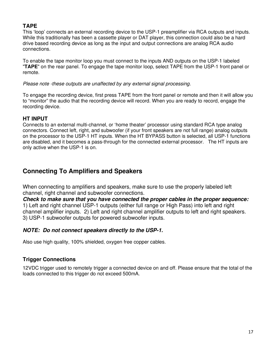 Emotiva USP-1 manual Connecting To Amplifiers and Speakers, Tape 