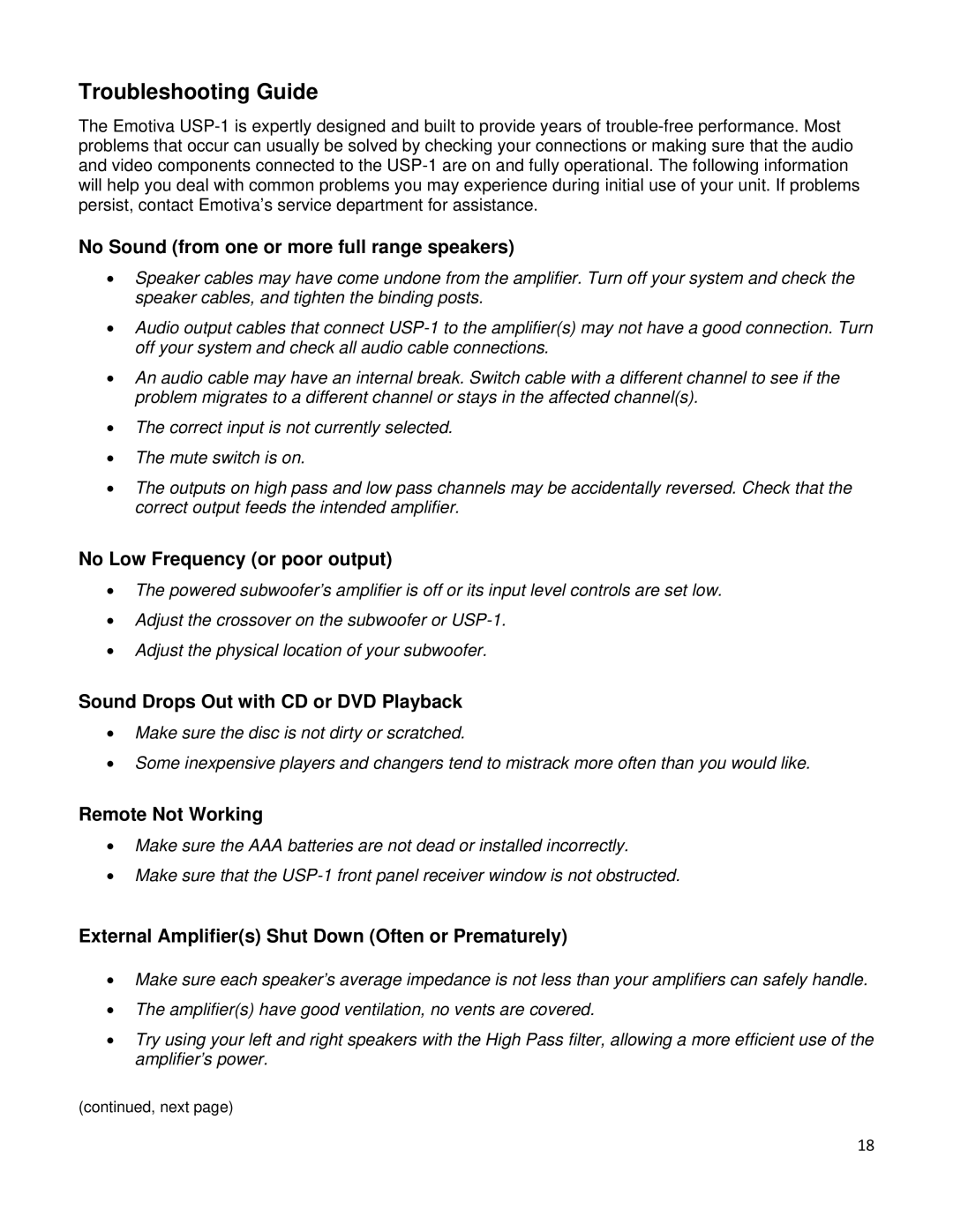 Emotiva USP-1 manual Troubleshooting Guide 