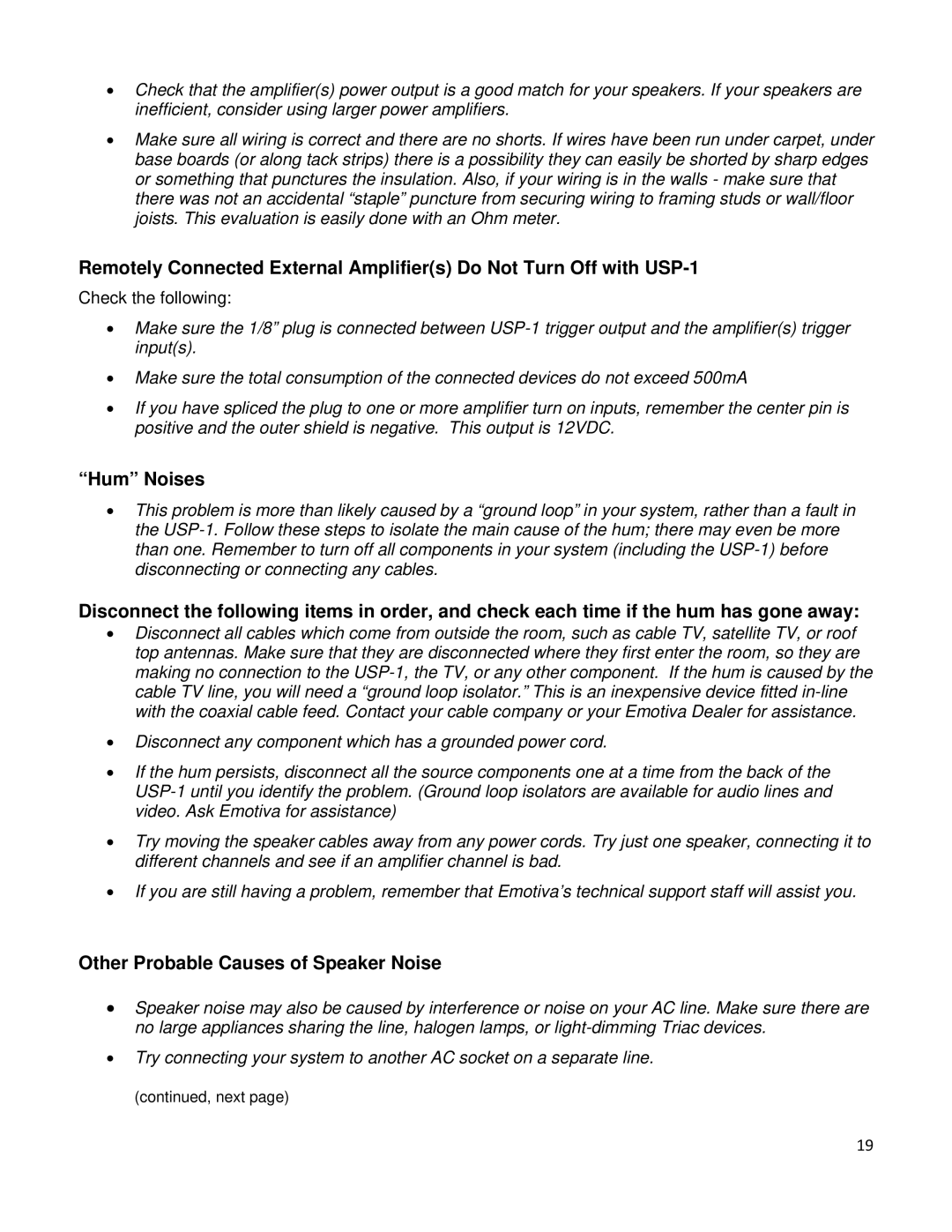 Emotiva USP-1 manual Other Probable Causes of Speaker Noise 