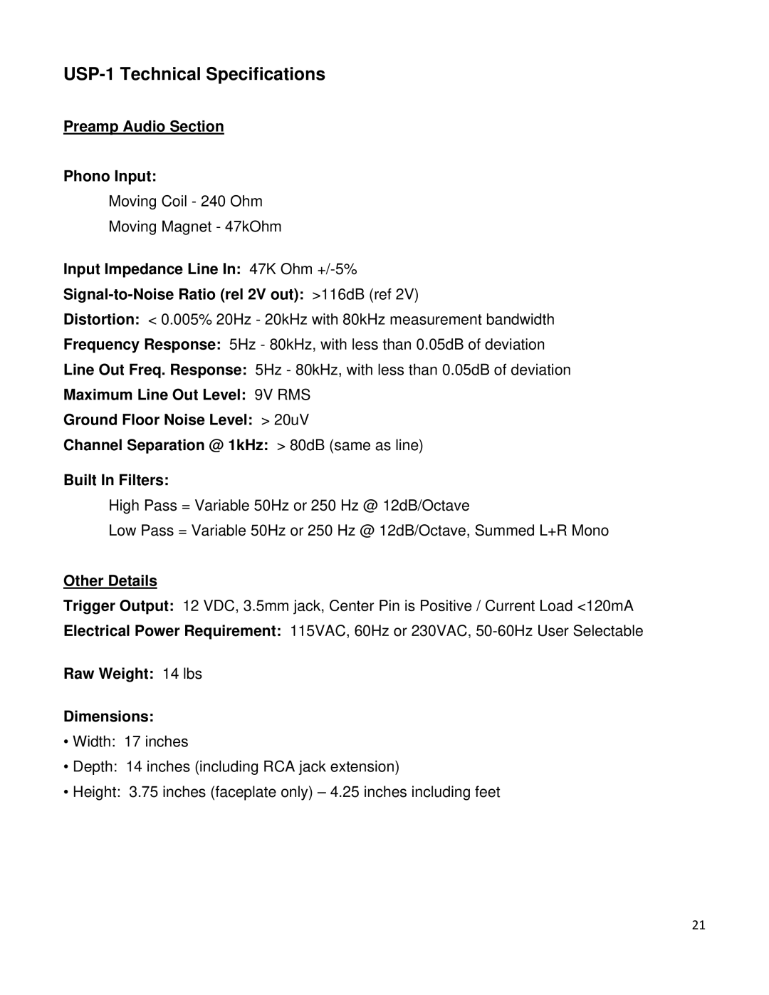 Emotiva manual USP-1 Technical Specifications, Other Details 