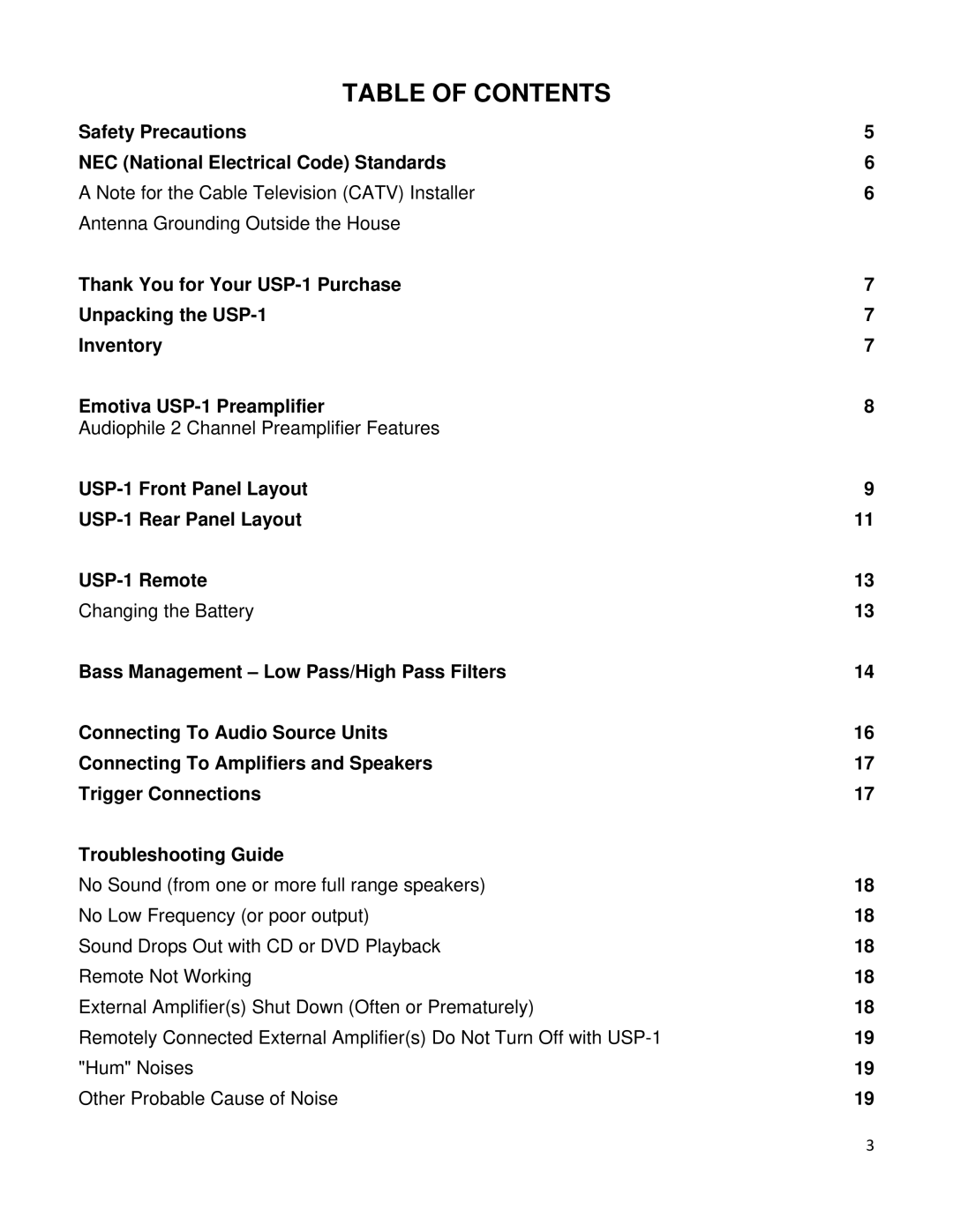 Emotiva USP-1 manual Table of Contents 