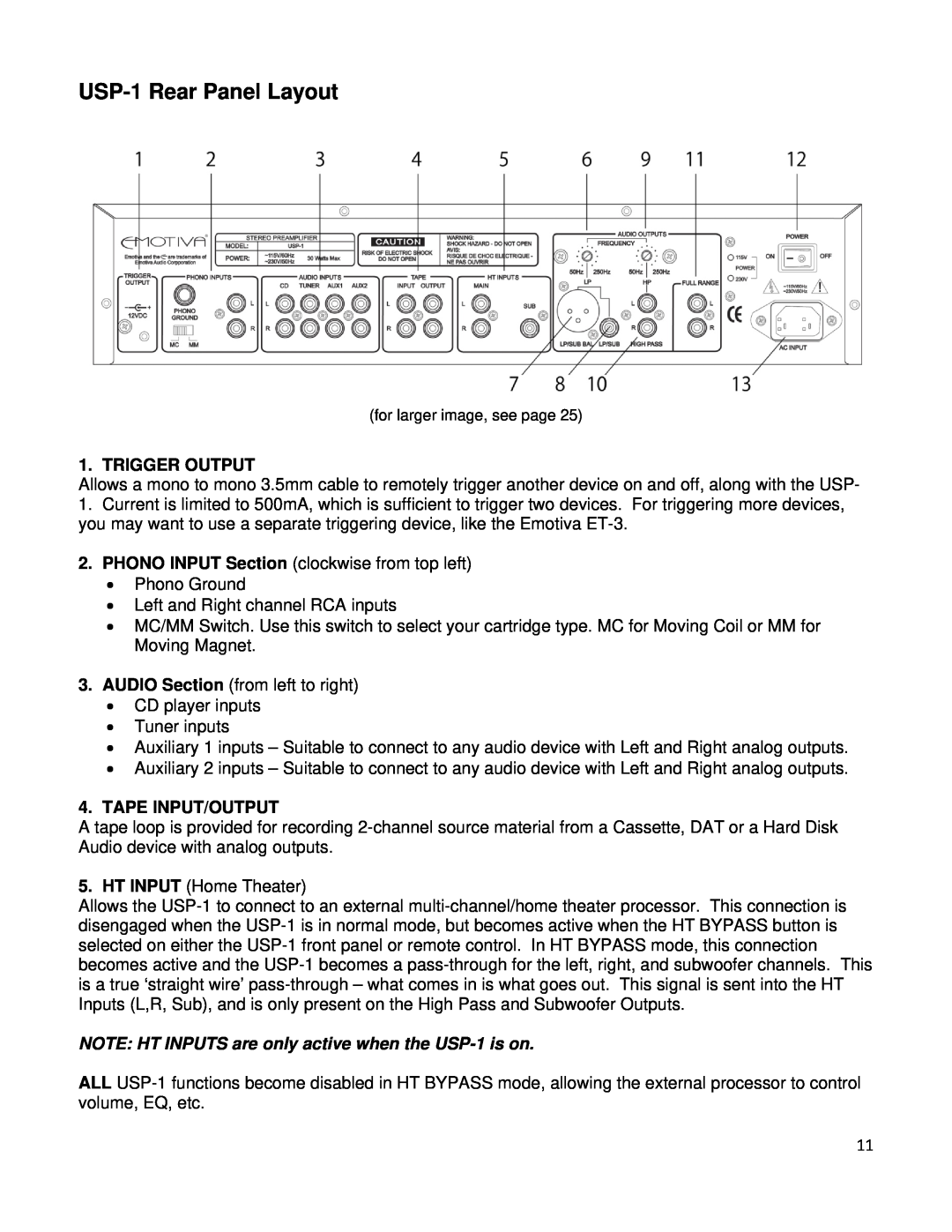 Emotiva manual USP-1Rear Panel Layout, Trigger Output, Tape Input/Output 