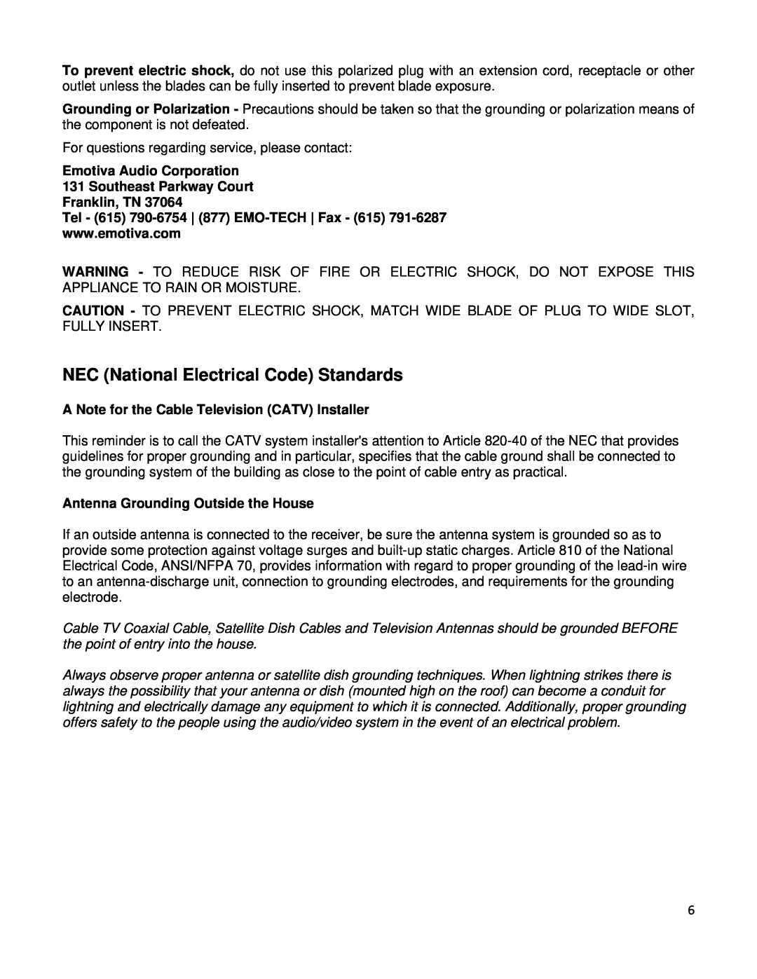 Emotiva USP-1 NEC National Electrical Code Standards, Emotiva Audio Corporation, Southeast Parkway Court Franklin, TN 