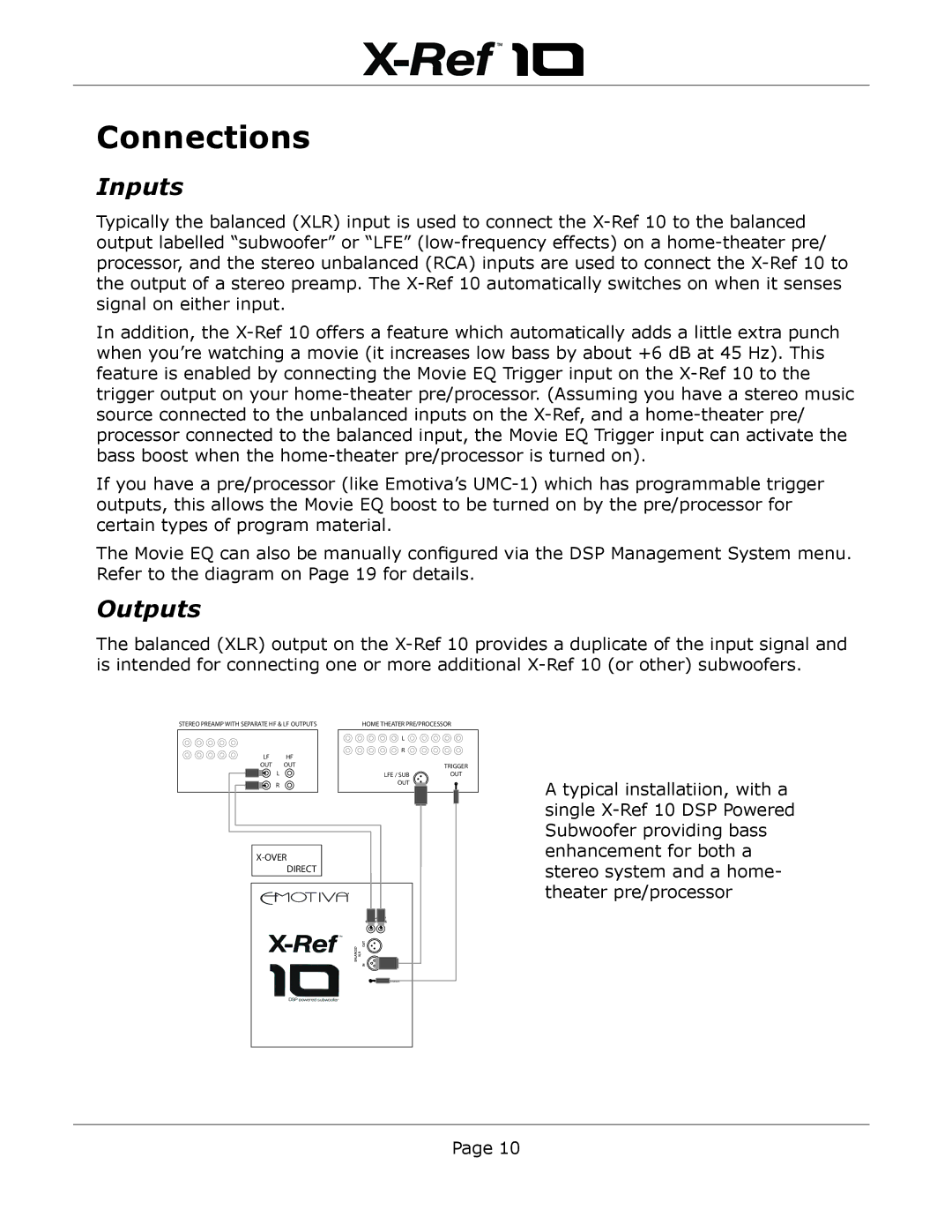 Emotiva X-Ref 10 user manual Connections, Inputs, Outputs 