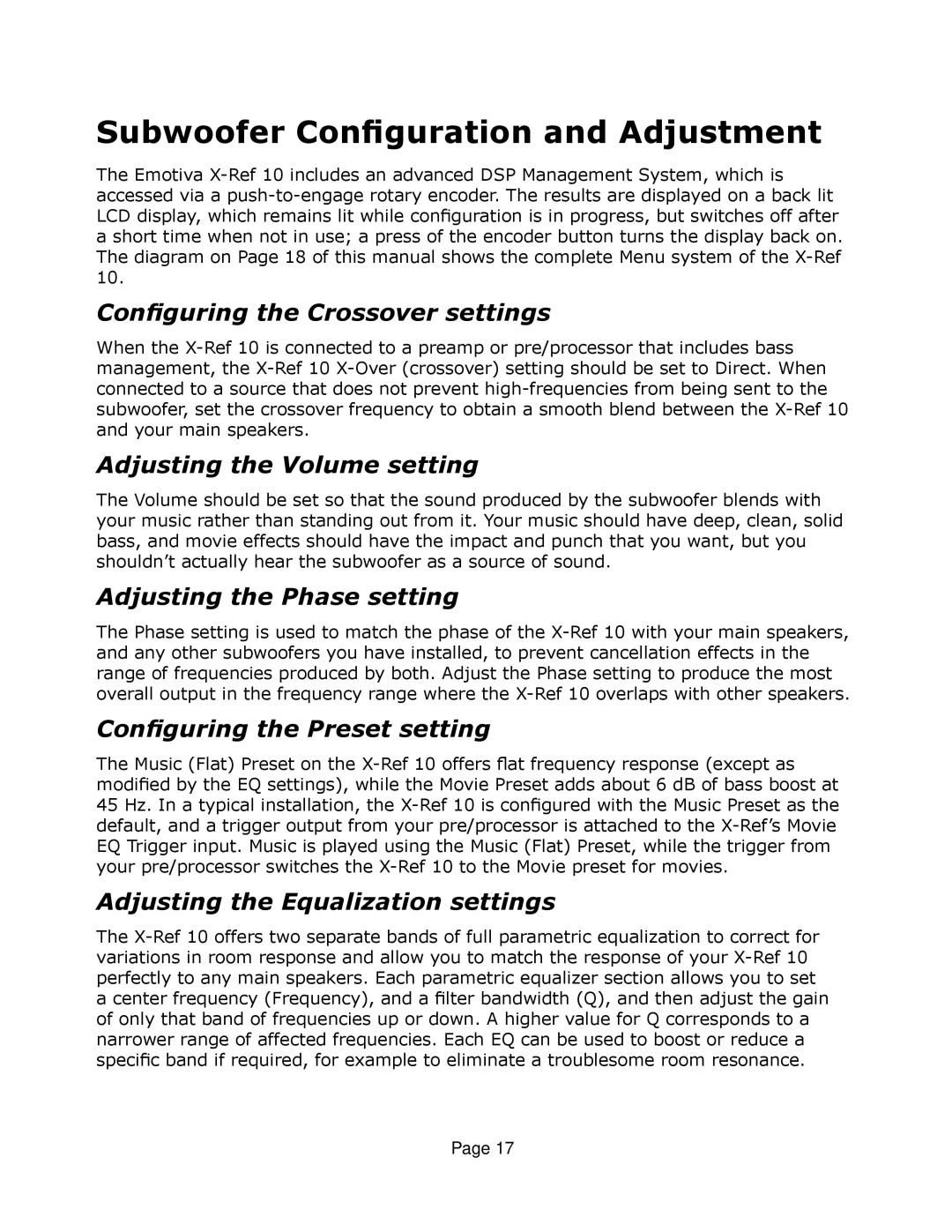 Emotiva X-Ref 10 user manual Subwoofer Configuration and Adjustment 