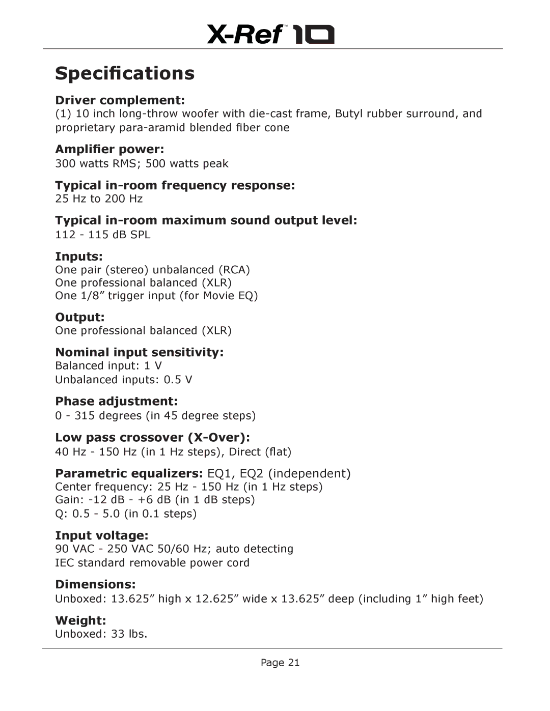 Emotiva X-Ref 10 user manual Specifications, Driver complement 