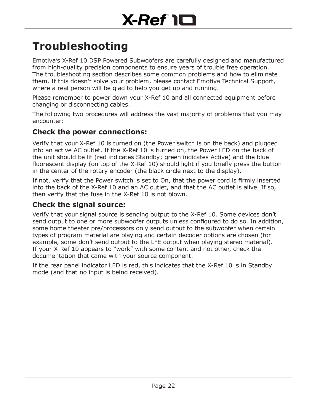 Emotiva X-Ref 10 user manual Troubleshooting, Check the power connections 