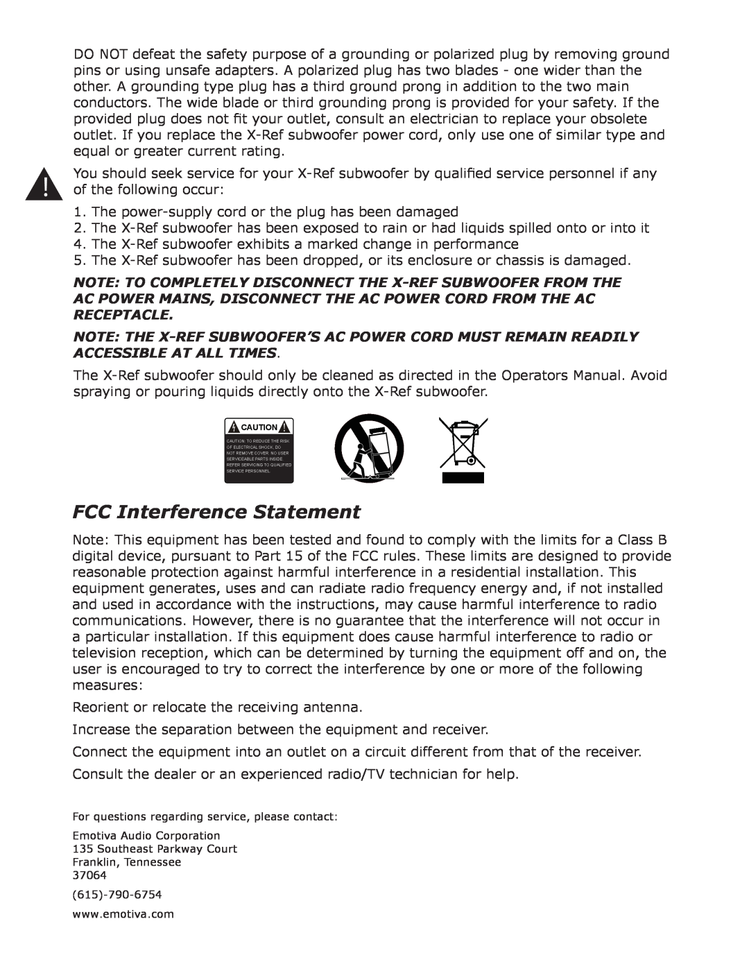 Emotiva X-Ref 10 user manual FCC Interference Statement 