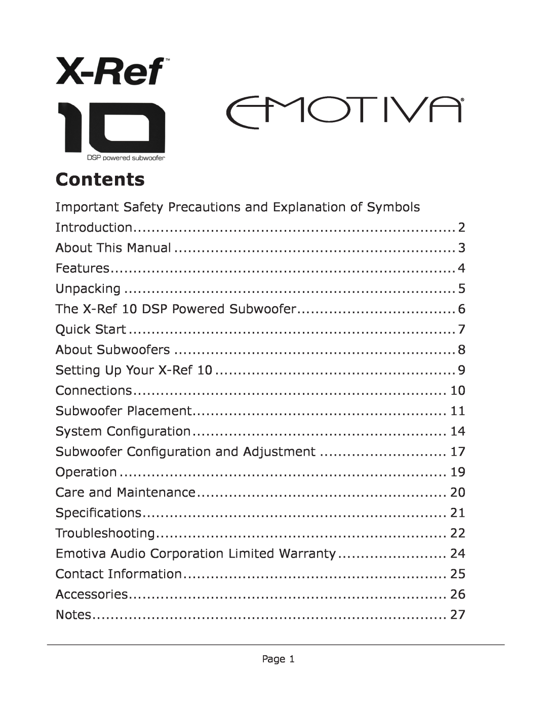 Emotiva X-Ref 10 user manual Contents 