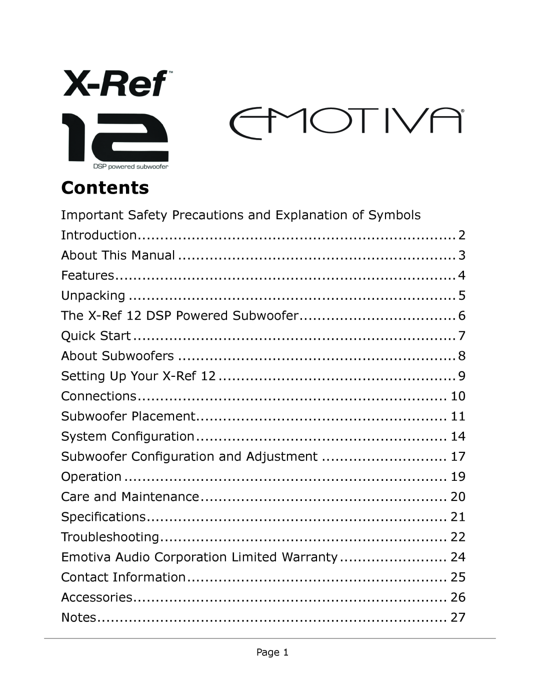Emotiva X-Ref 12 user manual Contents 