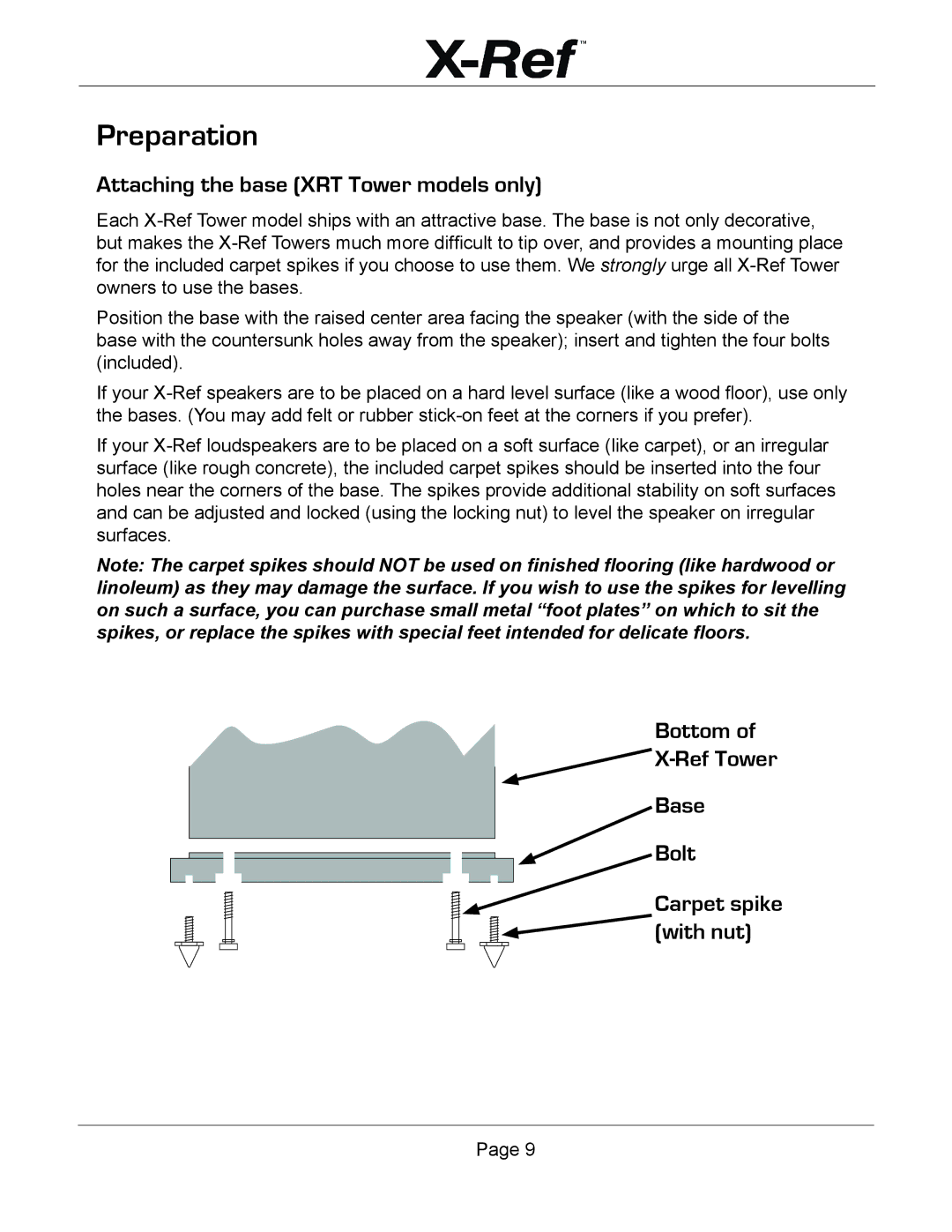 Emotiva X-Ref user manual Preparation, Attaching the base XRT Tower models only, Bottom Ref Tower Base Bolt 