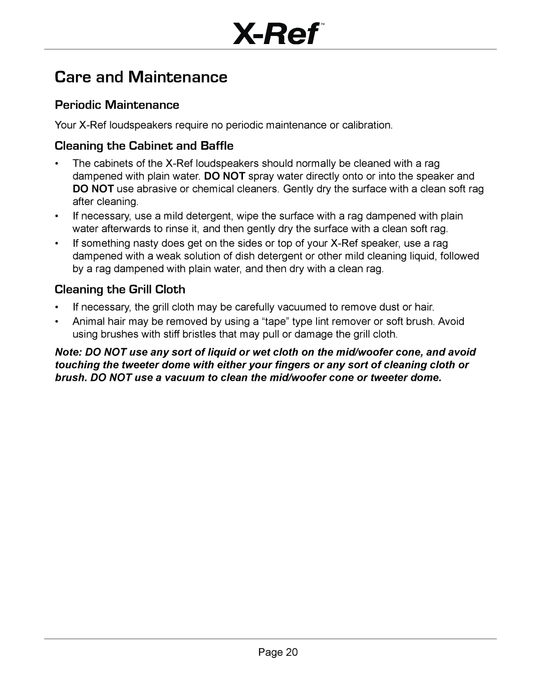 Emotiva X-Ref Care and Maintenance, Periodic Maintenance, Cleaning the Cabinet and Baffle, Cleaning the Grill Cloth 