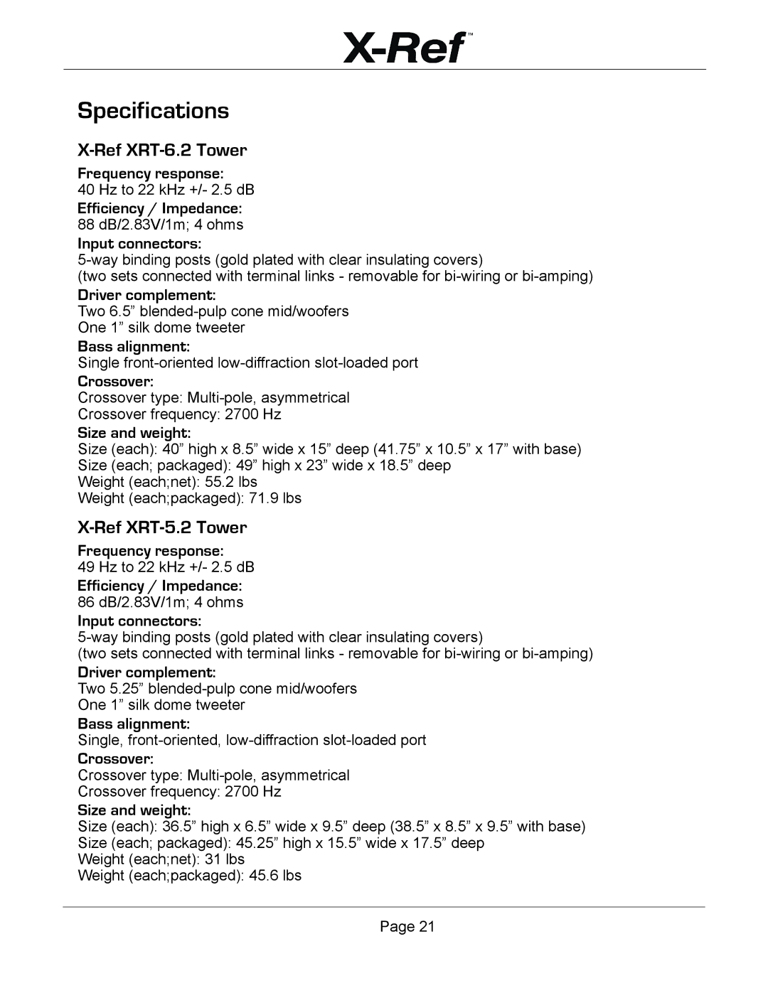 Emotiva X-Ref user manual Specifications, Ref XRT-6.2 Tower, Ref XRT-5.2 Tower 