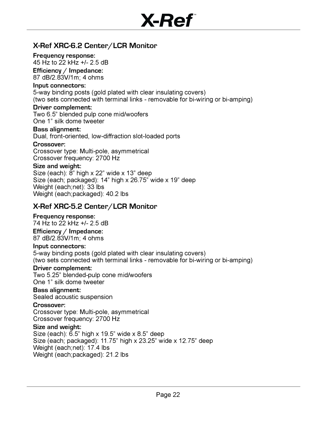 Emotiva X-Ref user manual Ref XRC-6.2 Center/LCR Monitor, Ref XRC-5.2 Center/LCR Monitor 