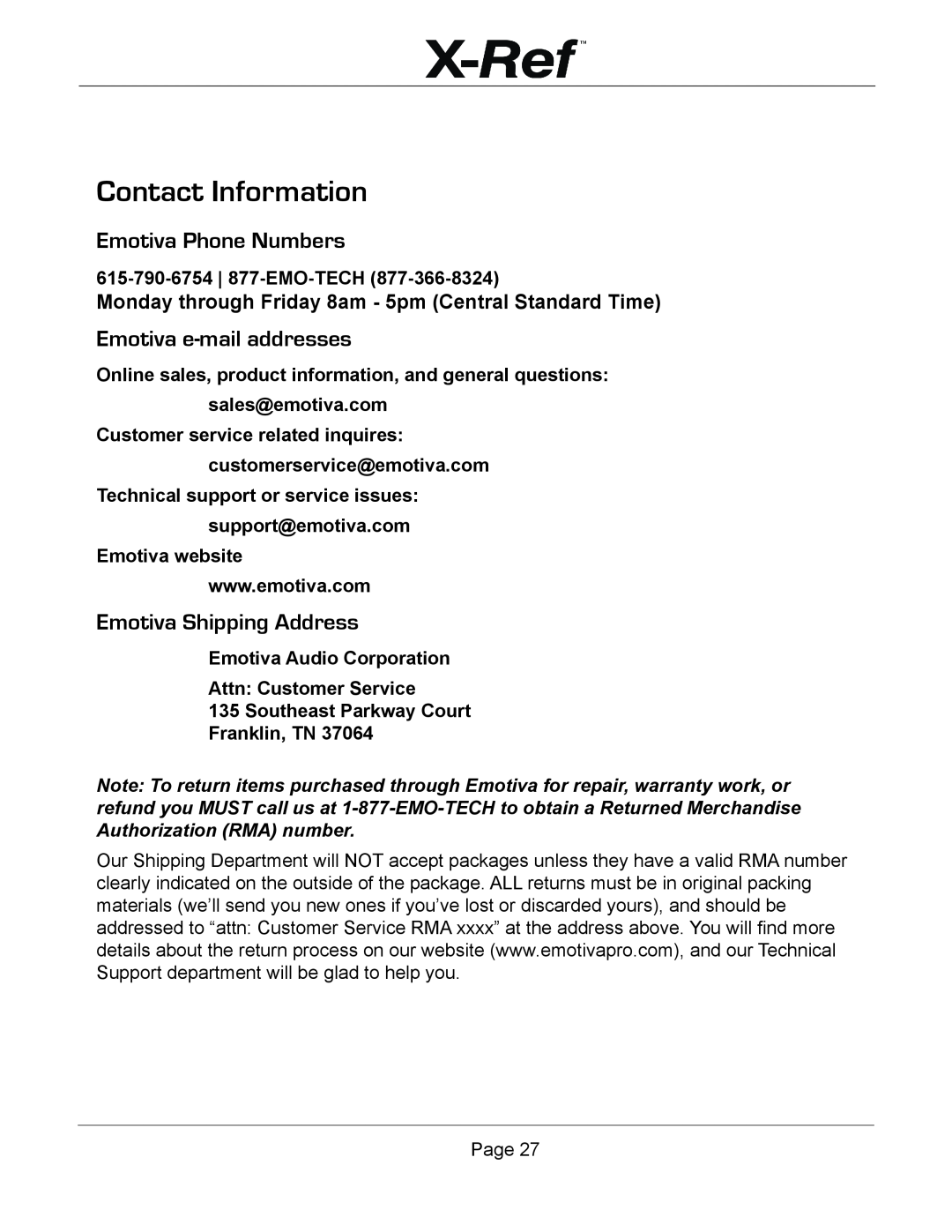 Emotiva X-Ref Contact Information, Emotiva Audio Corporation Attn Customer Service, Southeast Parkway Court Franklin, TN 