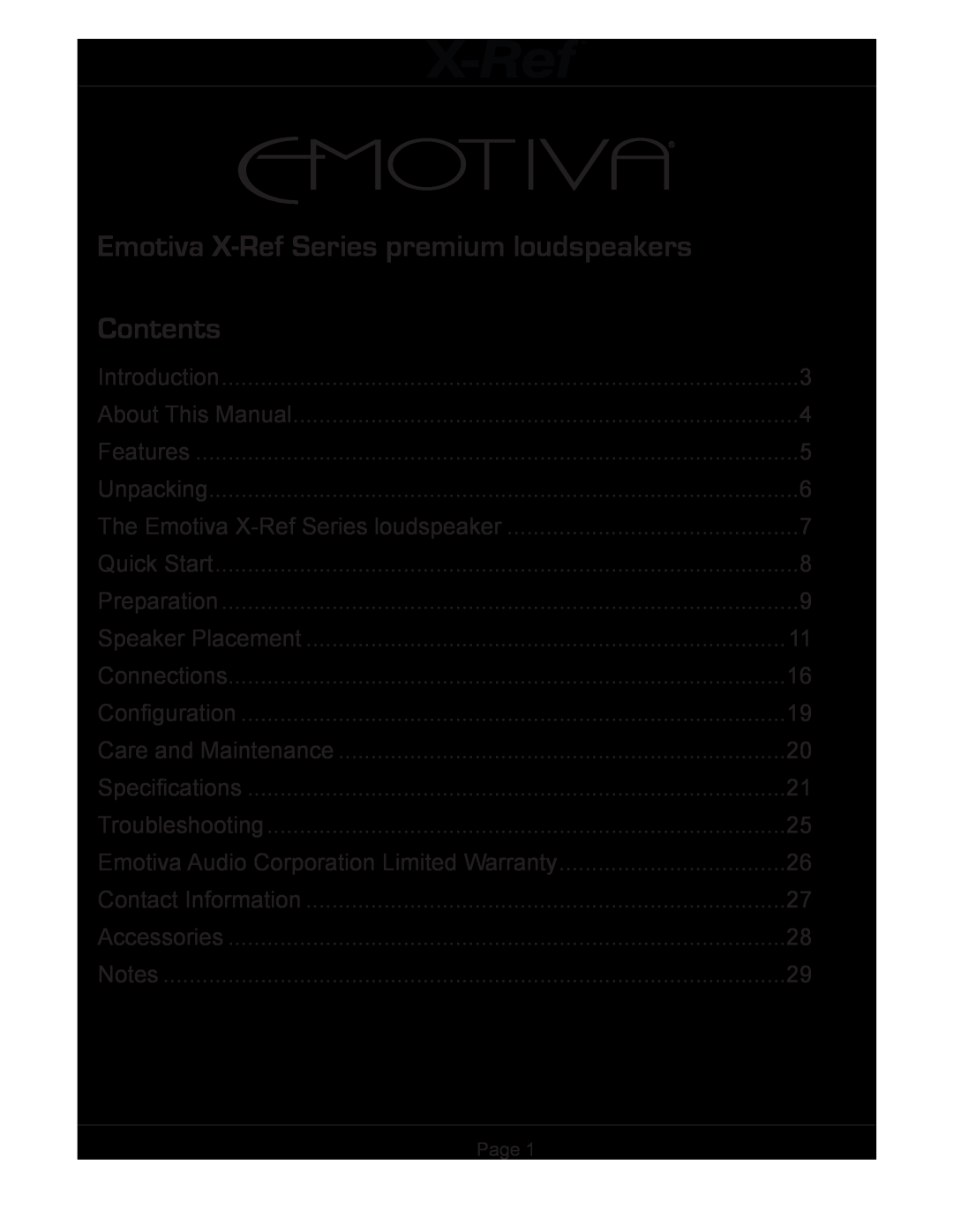 Emotiva user manual Emotiva X-RefSeries premium loudspeakers, Contents 
