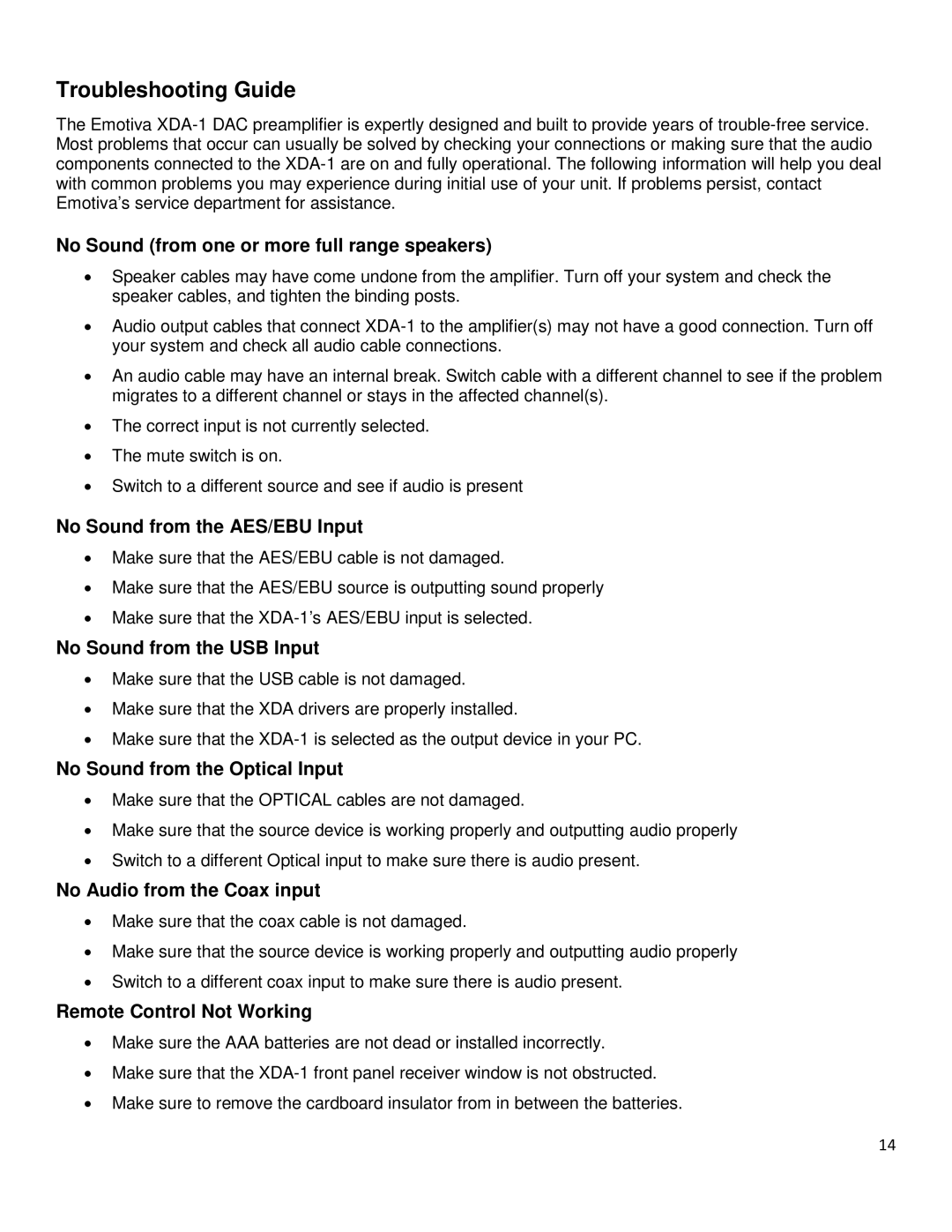 Emotiva XDA-1 manual Troubleshooting Guide, Remote Control Not Working 