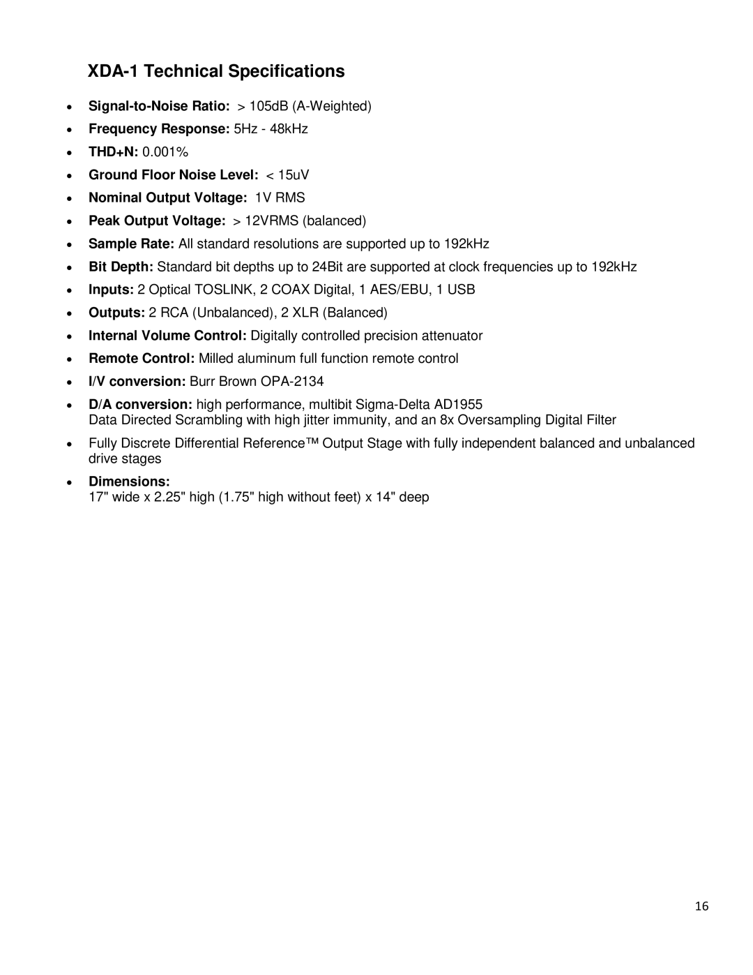 Emotiva manual XDA-1 Technical Specifications, Dimensions 