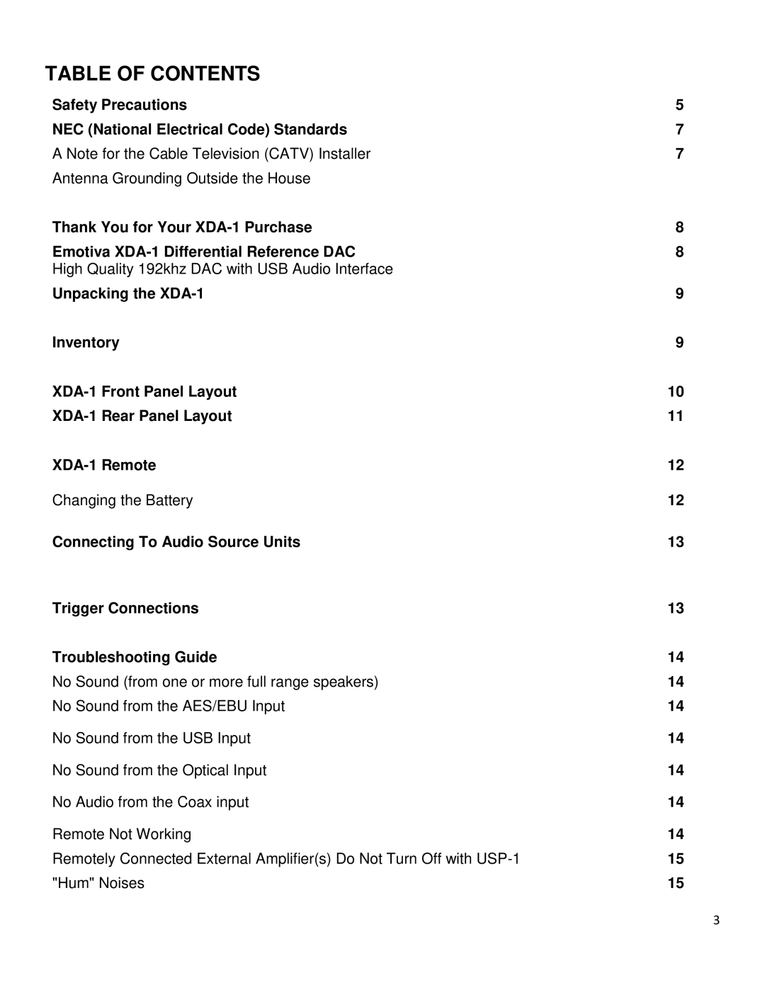 Emotiva XDA-1 manual Table of Contents 