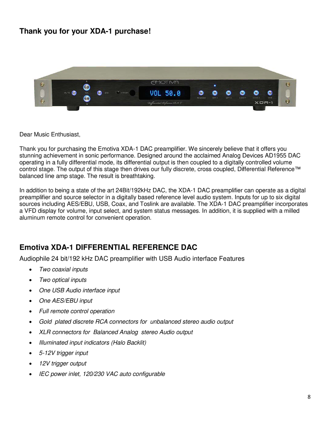 Emotiva manual Thank you for your XDA-1 purchase, Emotiva XDA-1 Differential Reference DAC 