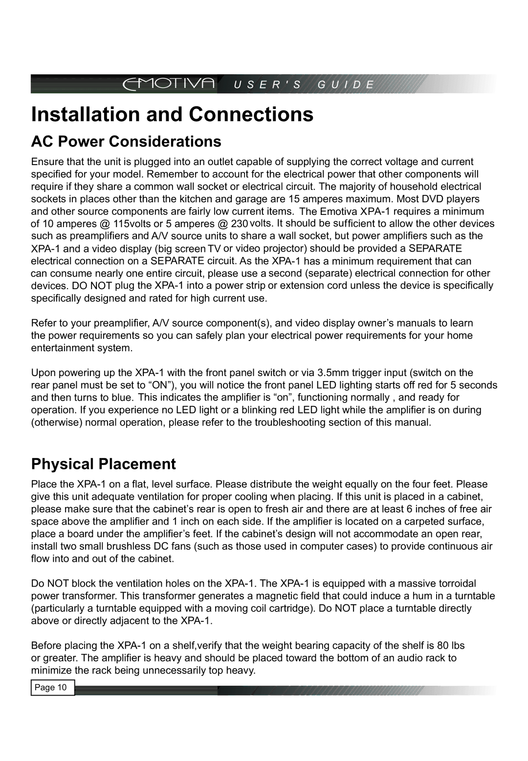 Emotiva XPA-1 manual Installation and Connections, AC Power Considerations, Physical Placement 