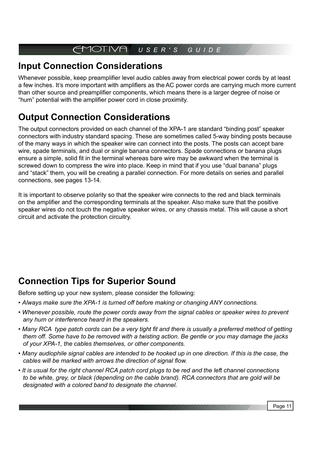 Emotiva XPA-1 manual Input Connection Considerations, Output Connection Considerations, Connection Tips for Superior Sound 