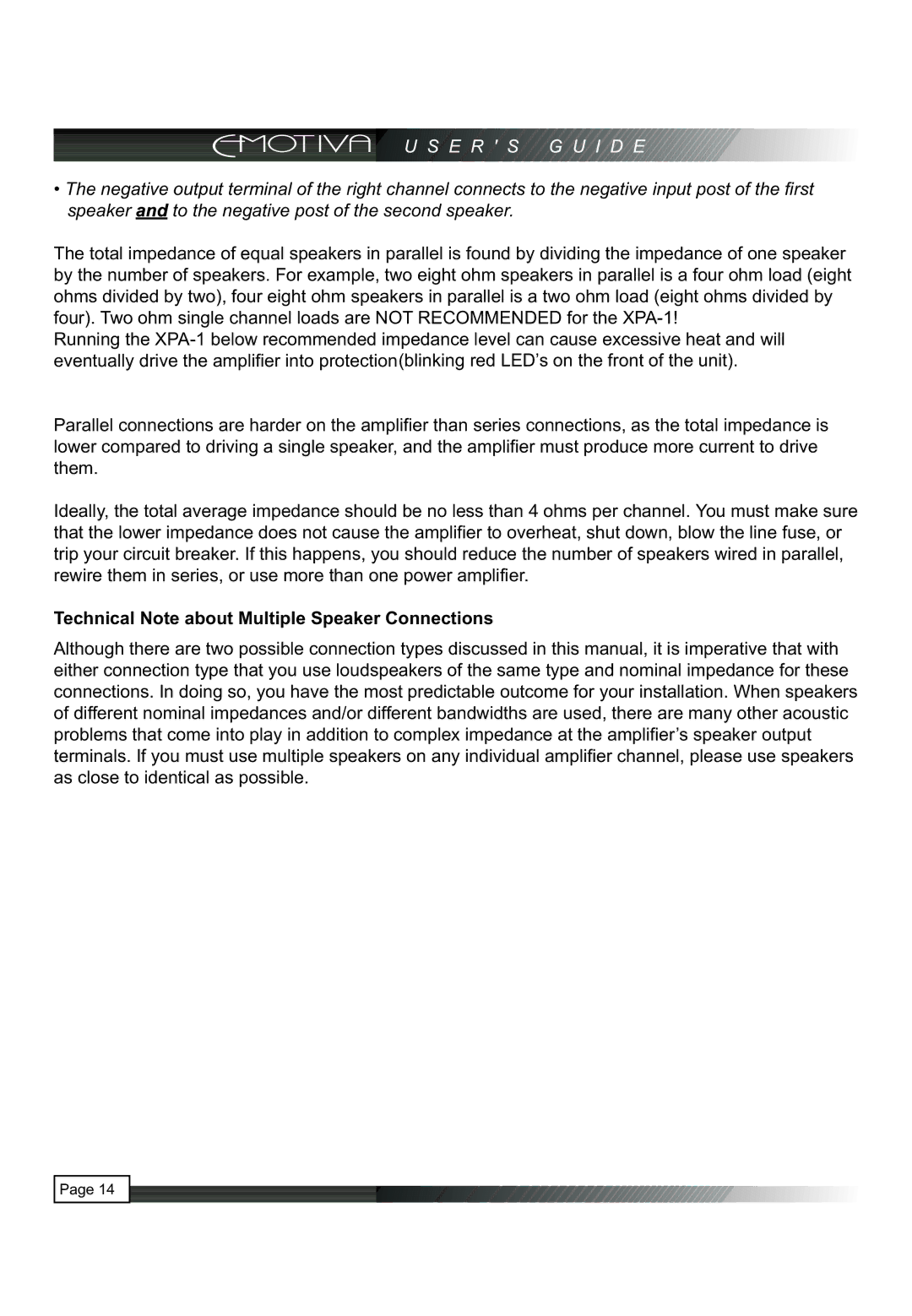 Emotiva XPA-1 manual Technical Note about Multiple Speaker Connections 