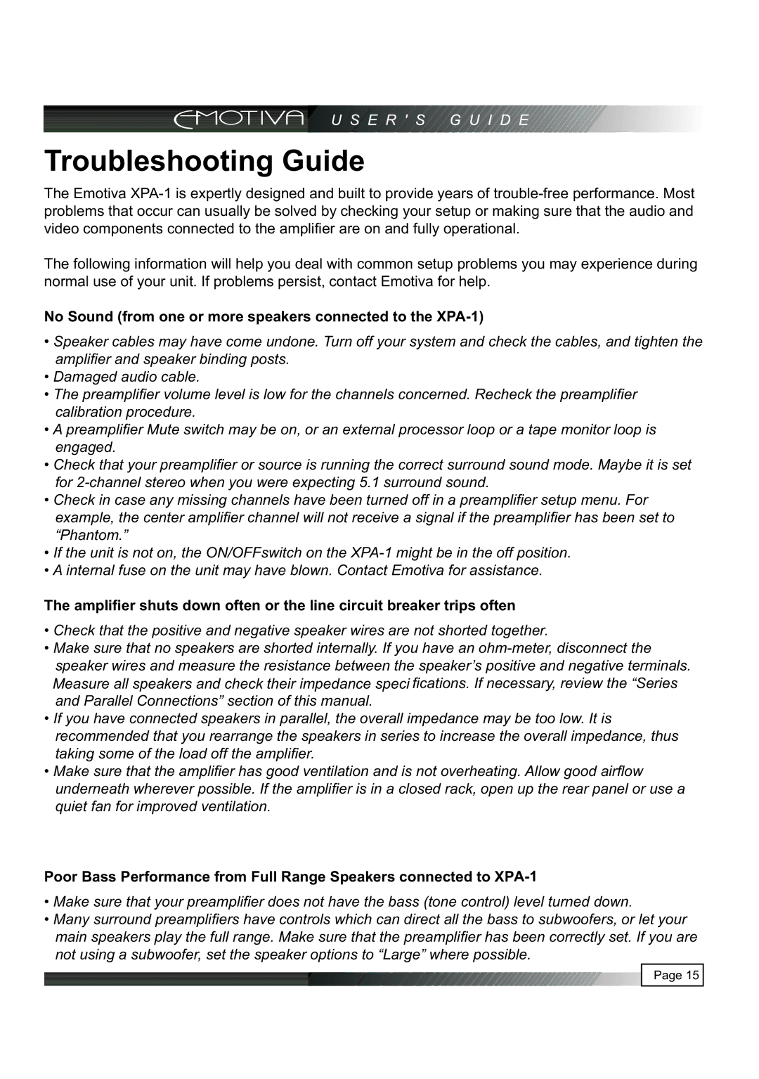 Emotiva manual Troubleshooting Guide, No Sound from one or more speakers connected to the XPA-1 