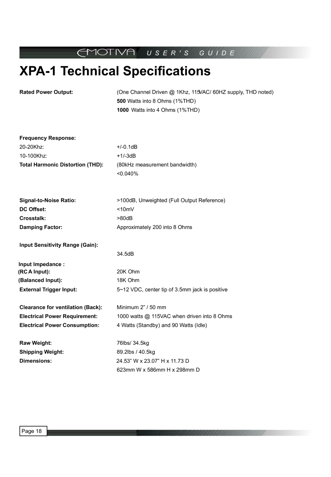 Emotiva manual XPA-1 Technical Speciﬁcations 