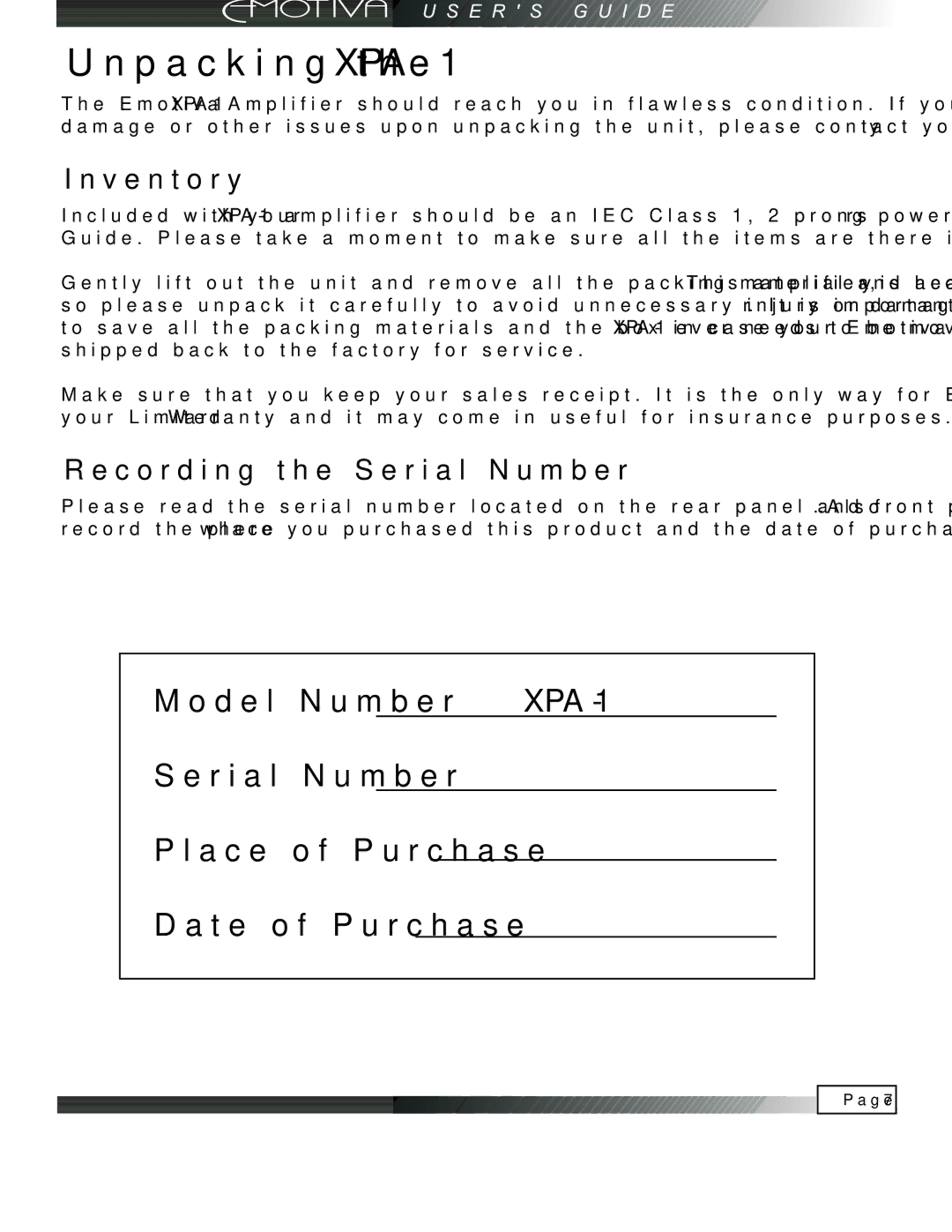 Emotiva manual Unpacking the XPA-1, Inventory, Recording the Serial Number 