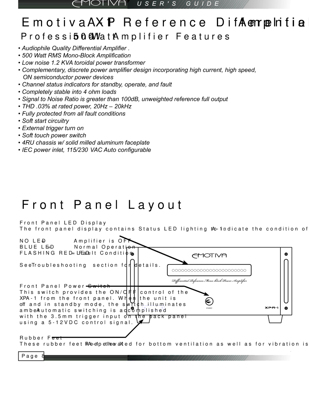 Emotiva manual Emotiva XPA-1 Reference Differential Amplifier, Front Panel Layout 