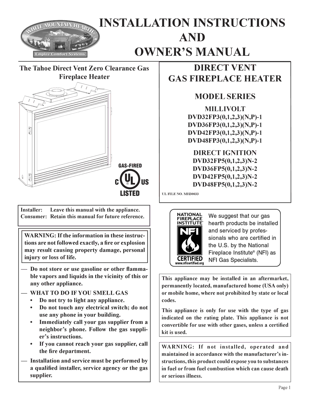 Empire Comfort Systems 1, DVD32FP3, 3)(N installation instructions Installation Instructions 