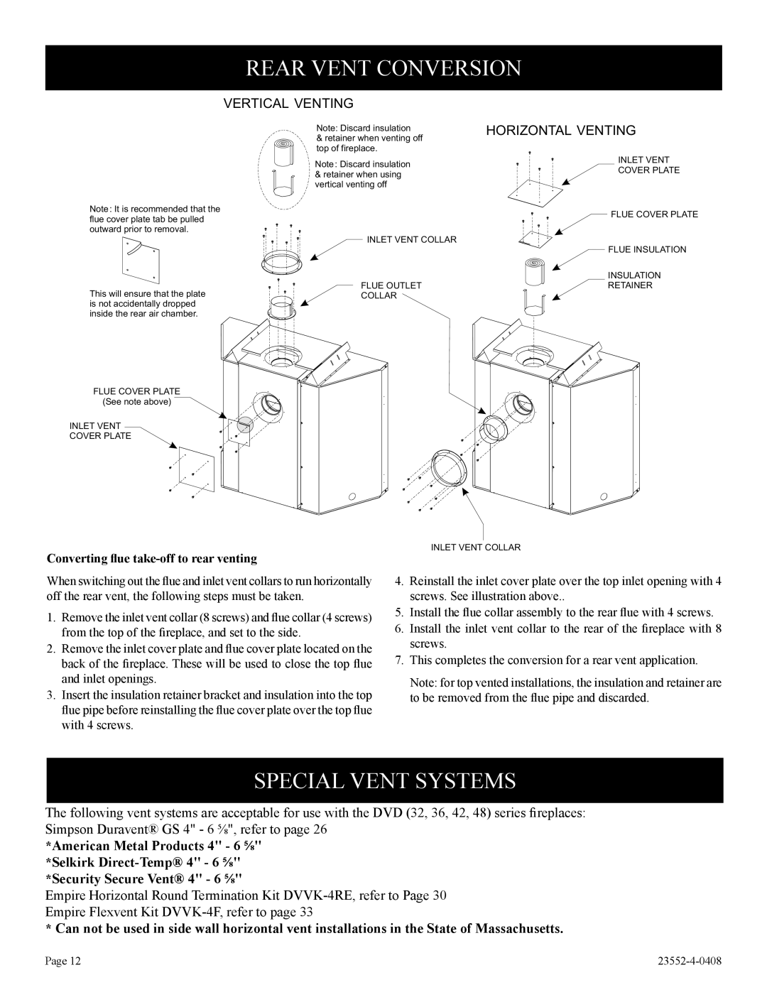 Empire Comfort Systems 1, DVD32FP3 Rear Vent Conversion, Special Vent Systems, Converting ﬂue take-off to rear venting 