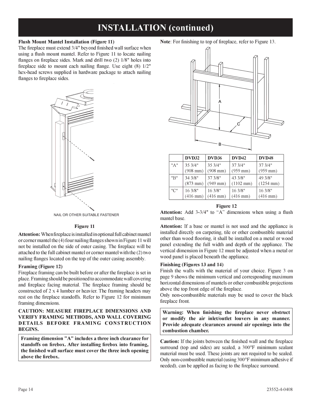 Empire Comfort Systems DVD32FP3, 3)(N Flush Mount Mantel Installation Figure, Framing Figure, Finishing Figures 13 