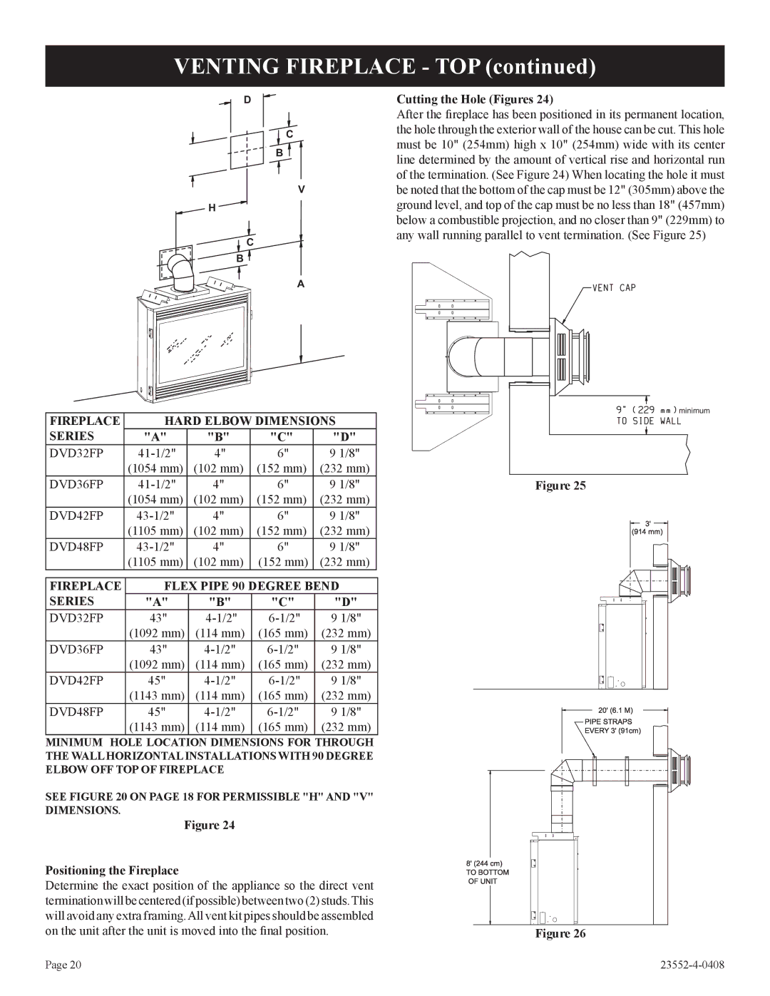 Empire Comfort Systems 1, 2 Cutting the Hole Figures, Fireplace Hard Elbow Dimensions Series, Positioning the Fireplace 